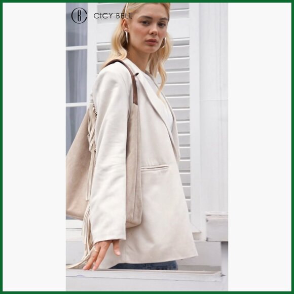 Faux Suede Fringe Blazer Jacket with Lapel Collar Button Front - Picture 7 of 7